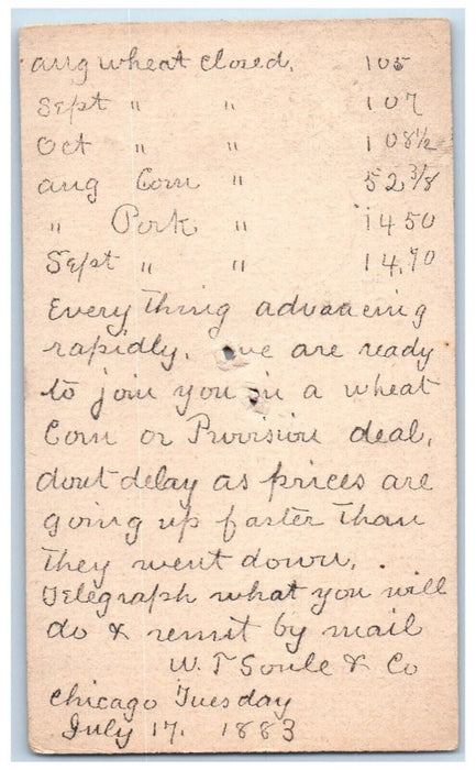 1883 W.T. Soule & Co. Wheat Order Chicago Illinois IL Antique Postal Card