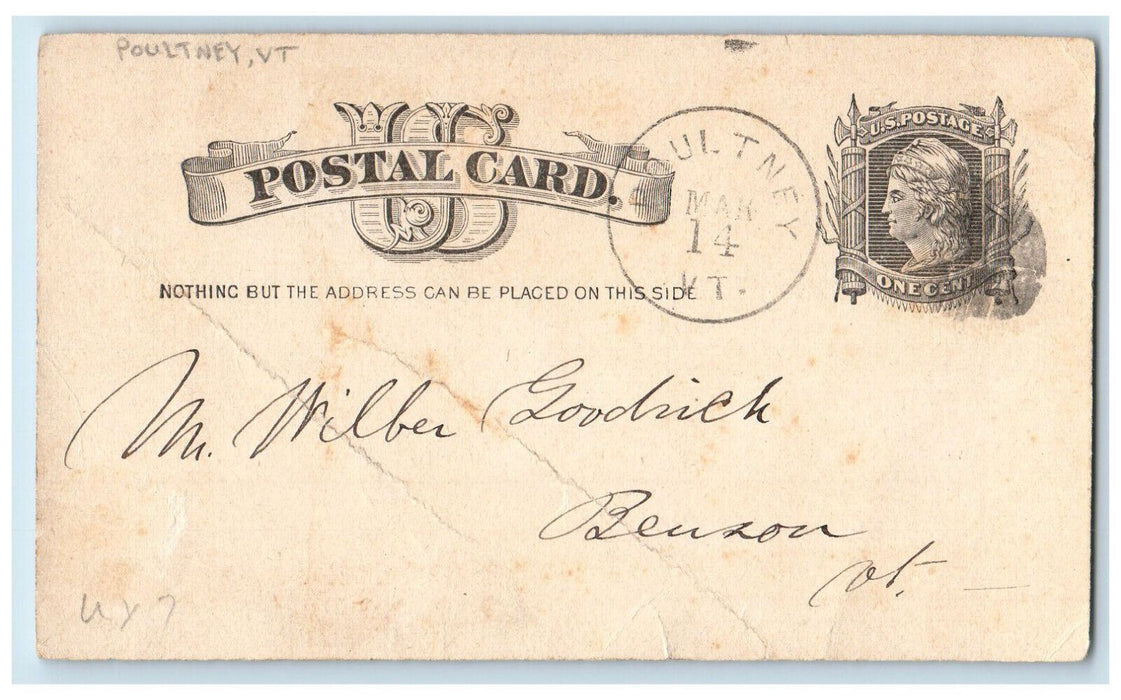 1884 Wilber Goodrich R Williams Poultney Vermont VT Antique Postal Card