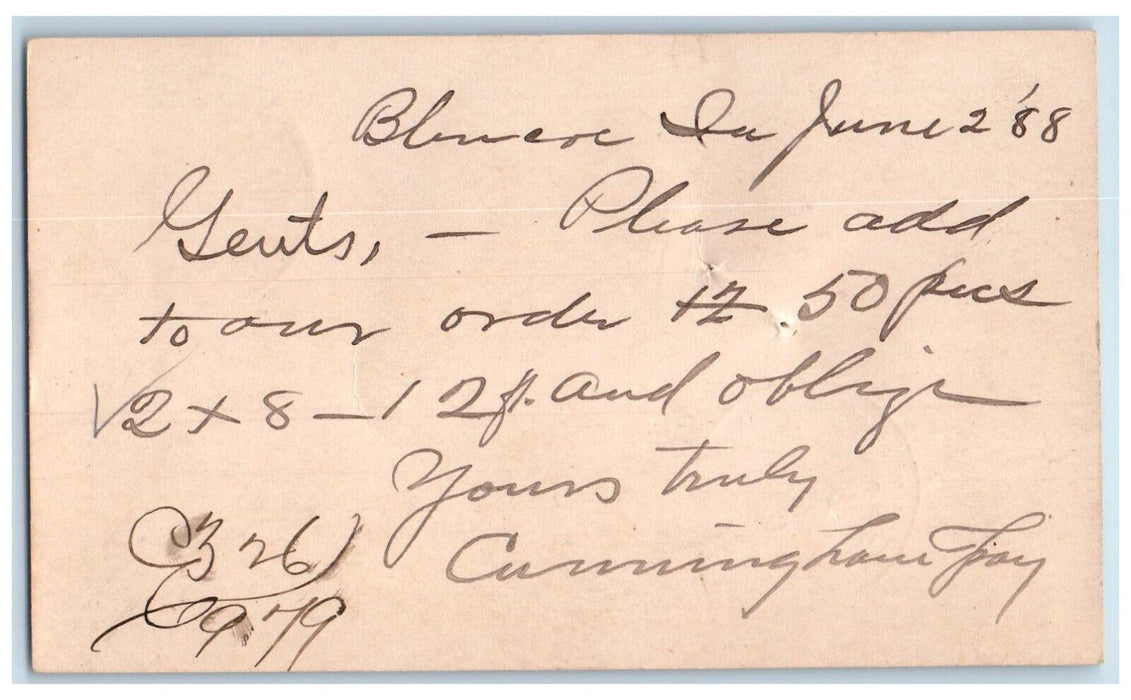 1888 Lumber Order Blencoe Iowa IA WJ Young & Co Clinton IA Postal Card