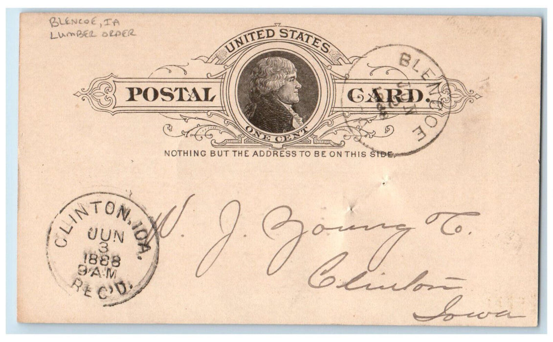 1888 Lumber Order Blencoe Iowa IA WJ Young & Co Clinton IA Postal Card