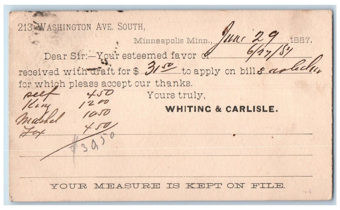 1887 Whiting & Carlisle Minneapolis Minnesota MN Posted Postal Card