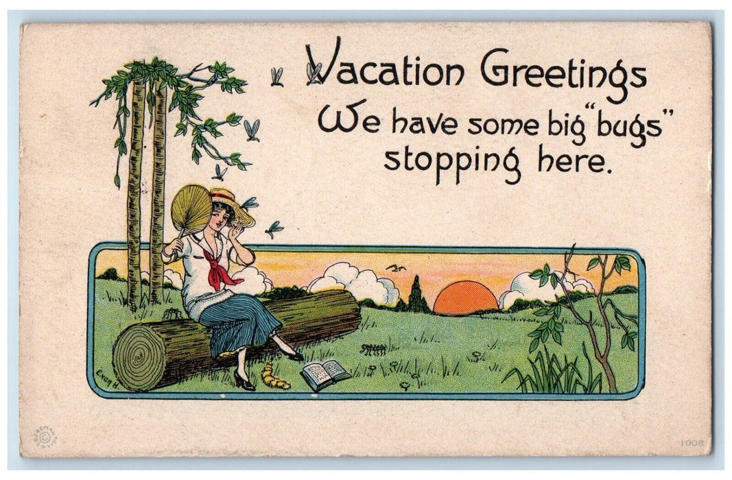 1916 Vacation Greetings Pretty Woman Big Bugs Arts Crafts Antique Postcard