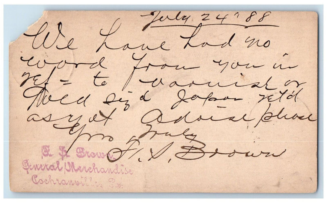 1888 FP Brown General Merchandise Cochranville PA Philadelphia PA Postal Card