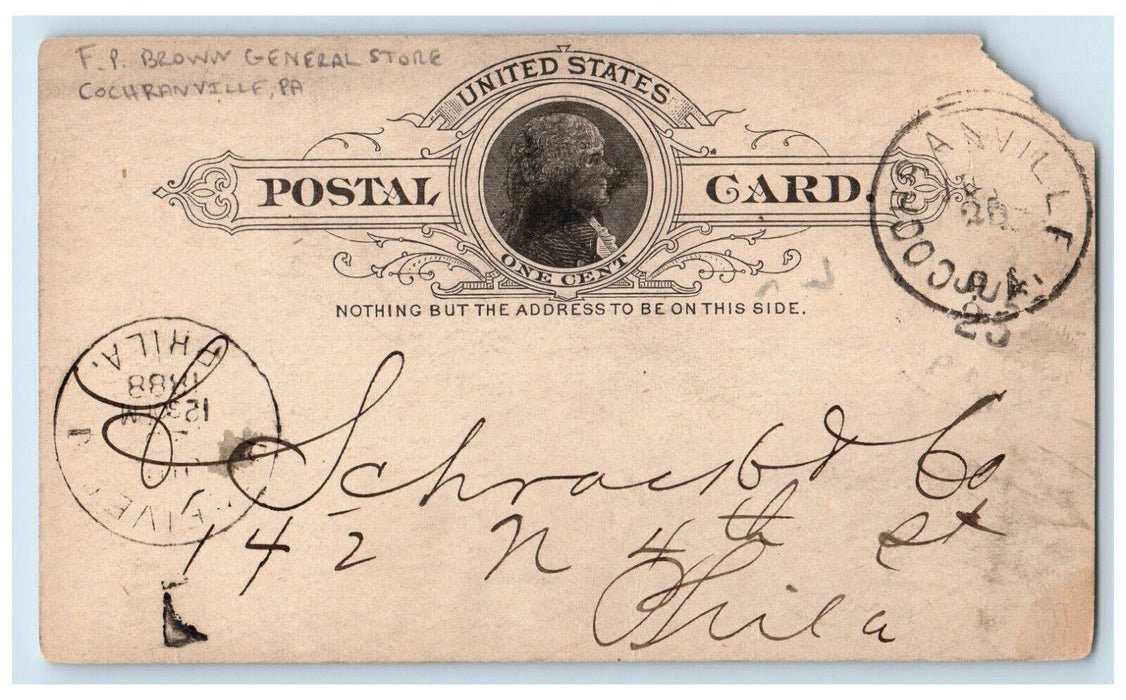1888 FP Brown General Merchandise Cochranville PA Philadelphia PA Postal Card