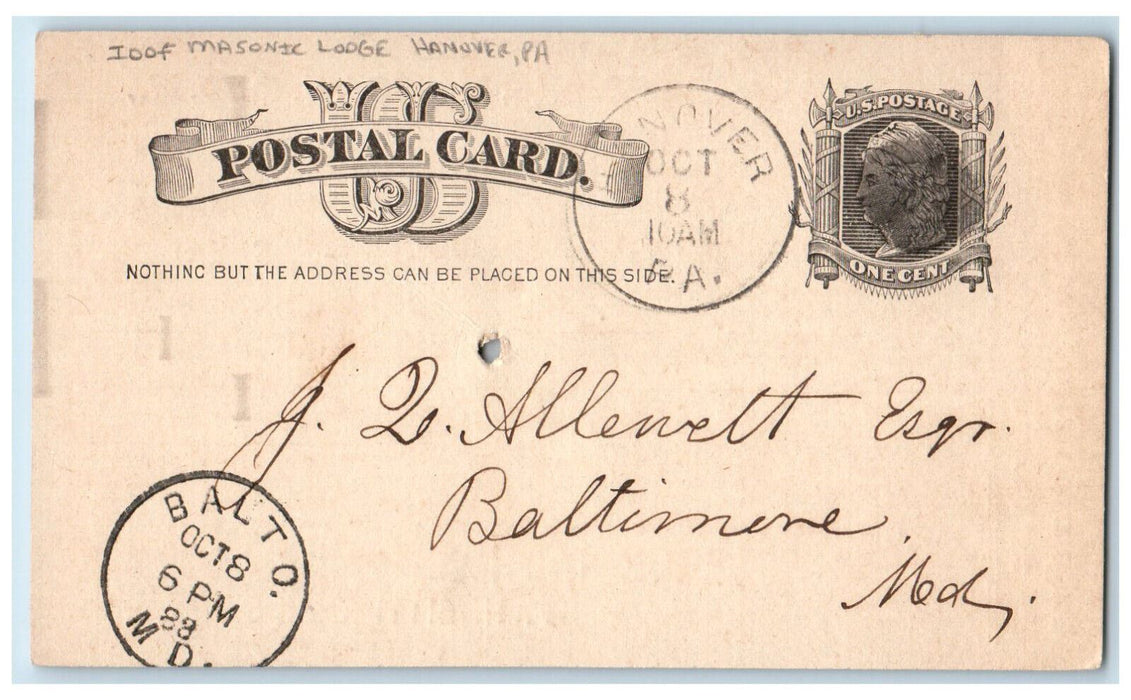 1883 IOOF Masonic Lodge Hanover Pennsylvania PA Baltimore MD Postal Card