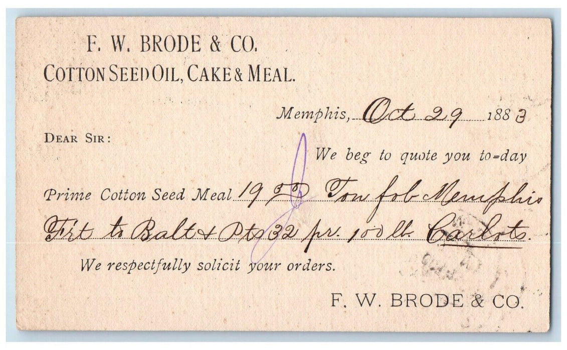 1883 F.W. Brode & Co. Cotton Seed Memphis Tennessee TN Baltimore MD Postal Card