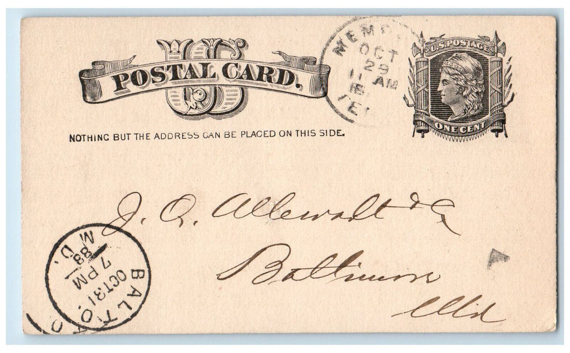 1883 F.W. Brode & Co. Cotton Seed Memphis Tennessee TN Baltimore MD Postal Card