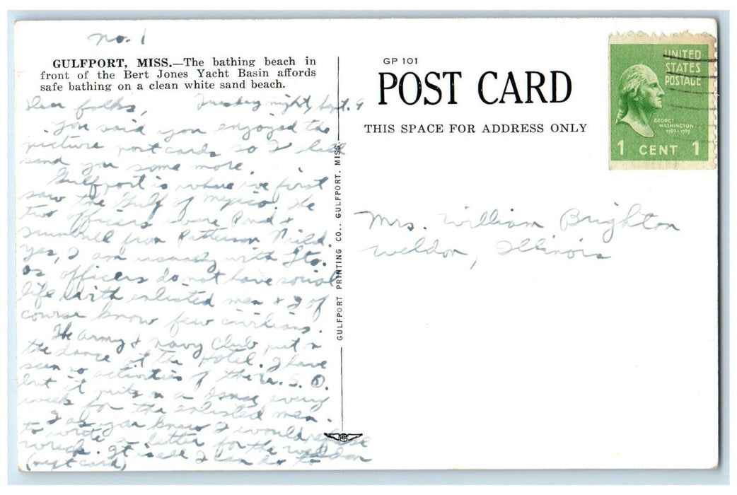 1920 Salt Water Sport Draw Everyone Gulfports New Yacht Basin Harbor MS Postcard