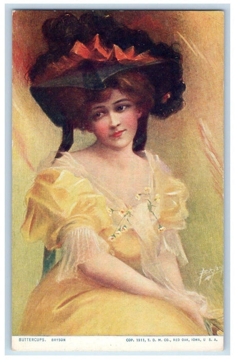 1919 Pretty Woman Big Hat Buttercups Advertising Security National Bank Postcard