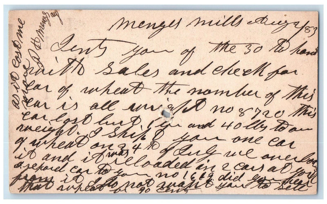 1883 J Allewalt Menges Mills Pennsylvania PA Baltimore MD Postal Card