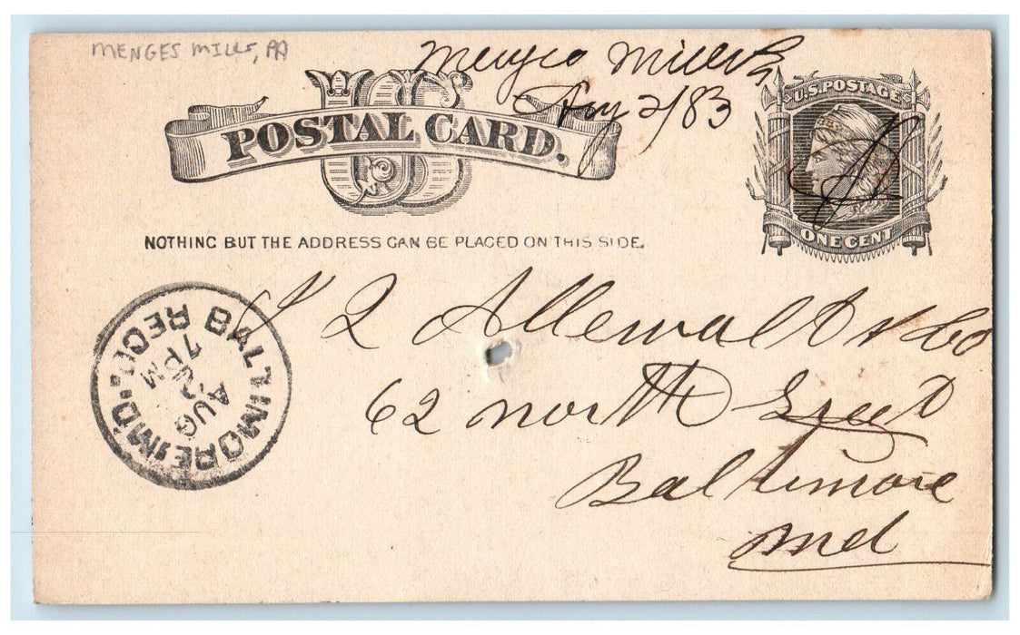 1883 J Allewalt Menges Mills Pennsylvania PA Baltimore MD Postal Card