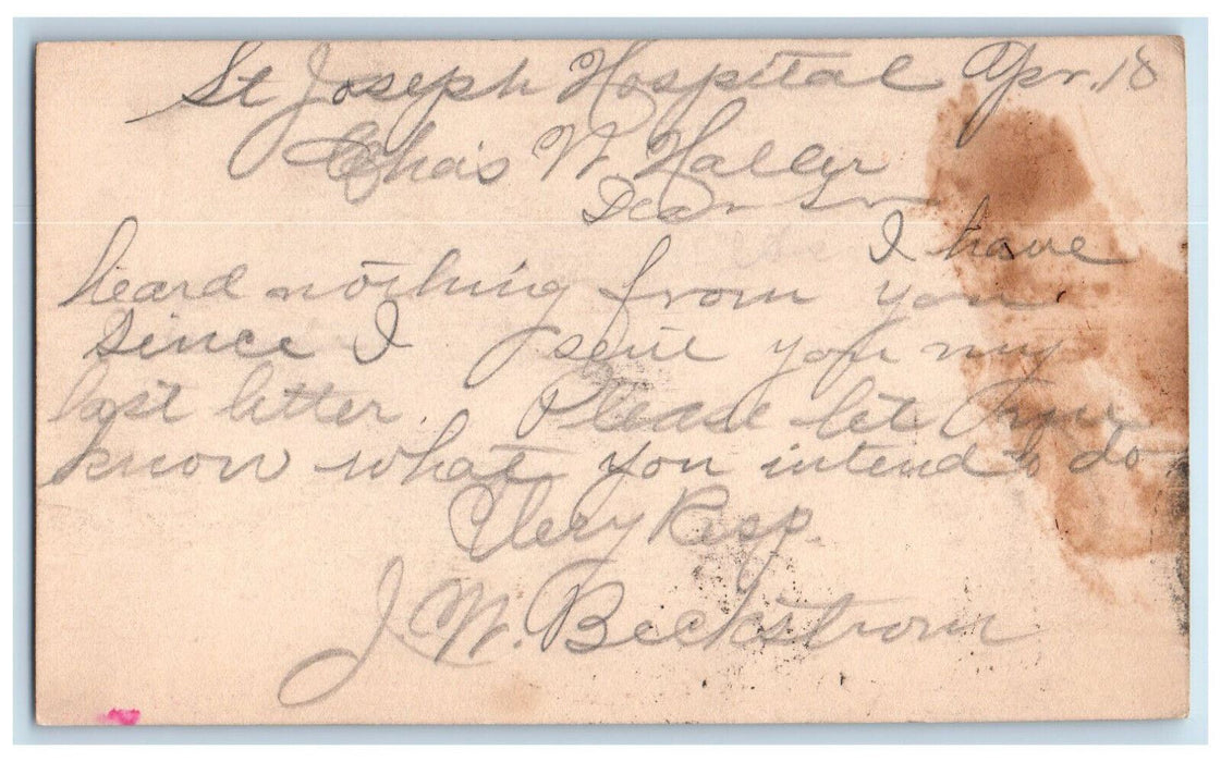 1888 St. Joseph Hospital Chas Haller JW Beckstrum Omaha Nebraska NE Postal Card