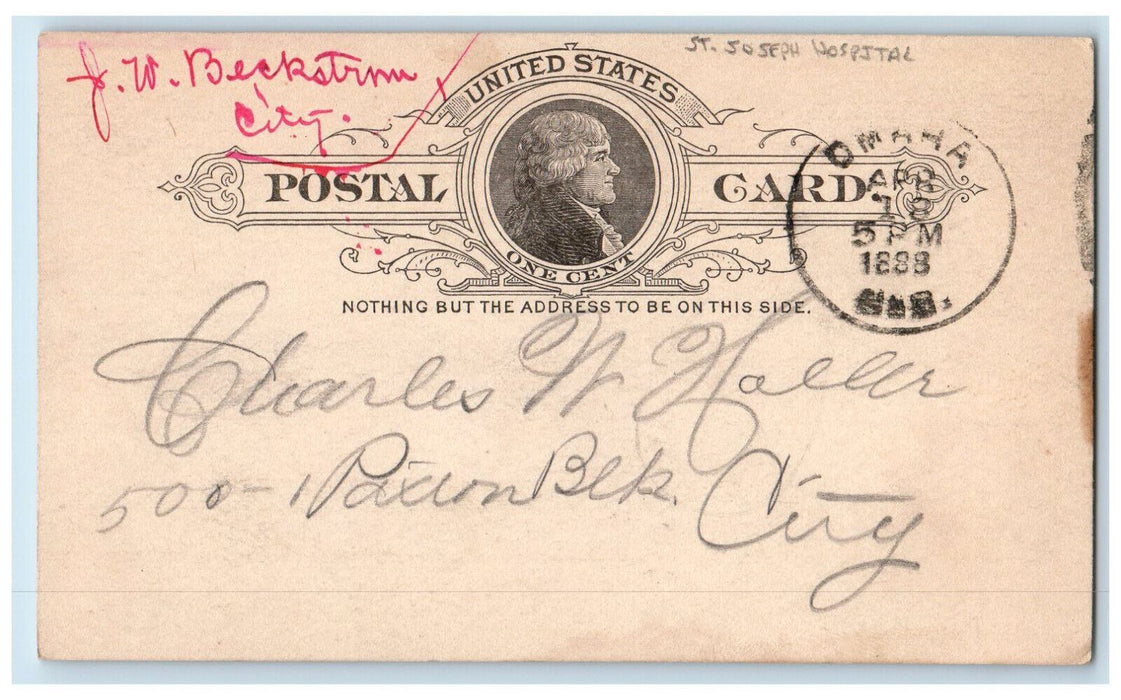 1888 St. Joseph Hospital Chas Haller JW Beckstrum Omaha Nebraska NE Postal Card