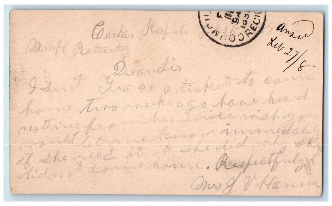 c1880's Cedar Rapids Iowa IA H Rathert Council Bluffs Iowa IA Postal Card