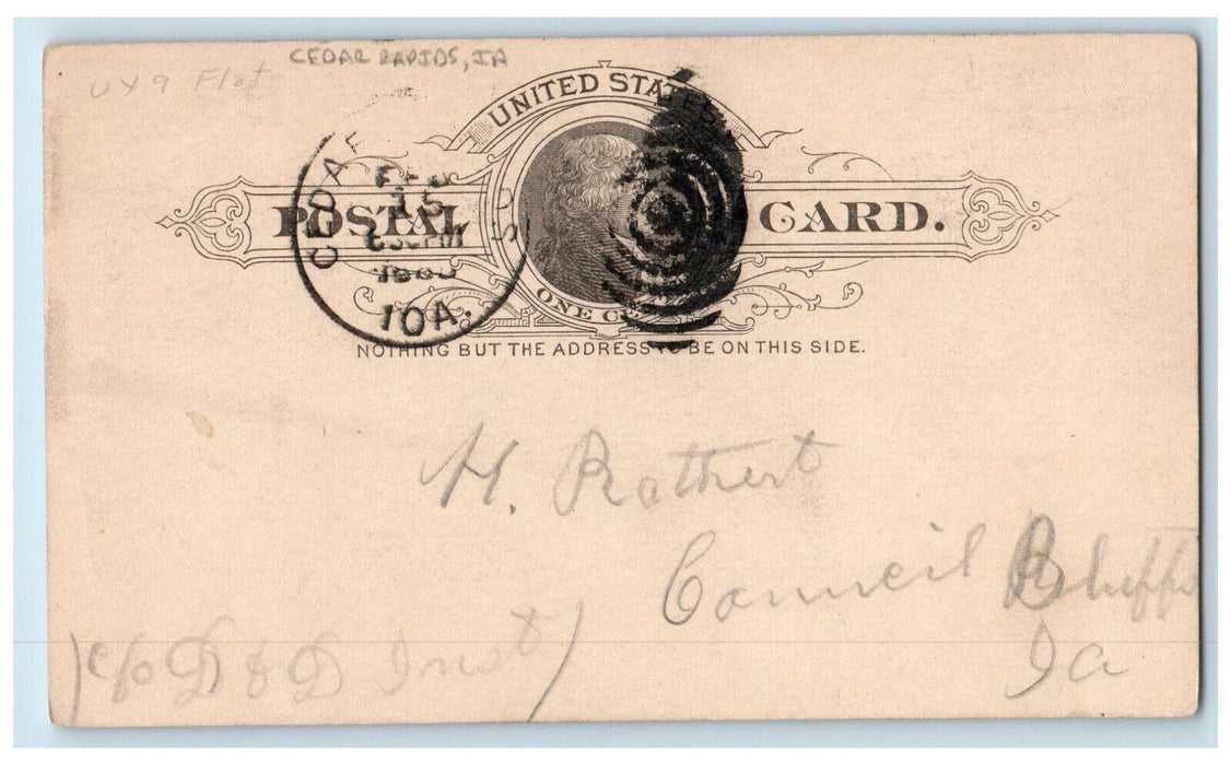 c1880's Cedar Rapids Iowa IA H Rathert Council Bluffs Iowa IA Postal Card