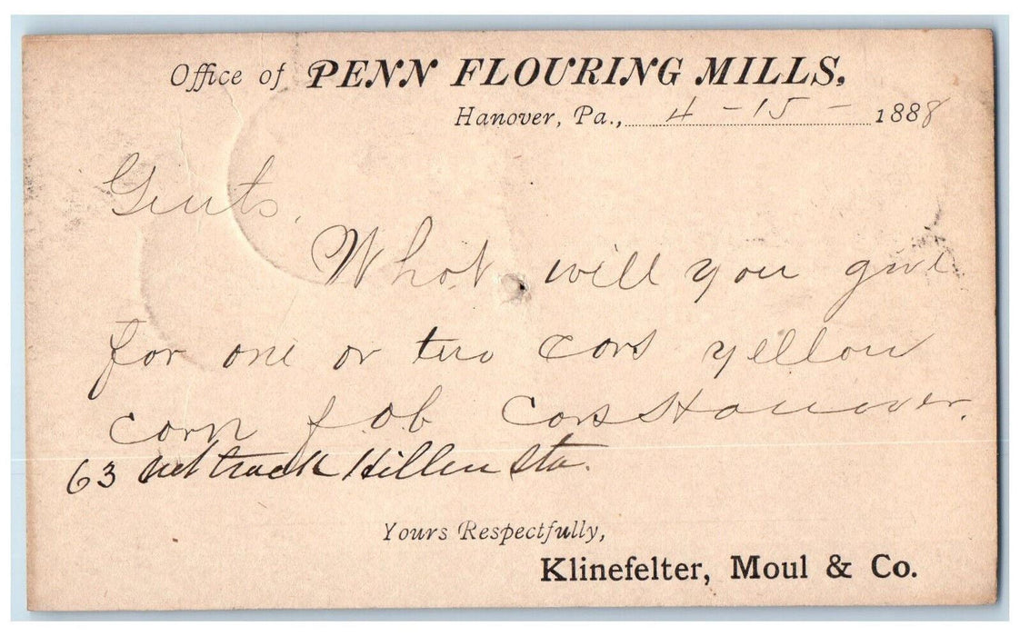 1888 Klinefelter Moul & Co. Penn Flouring Mills Hanover PA Postal Card
