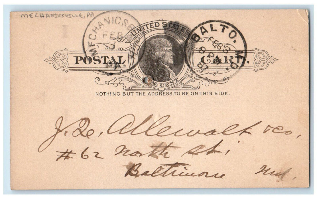 1884 J Allewalt Mechanicsville Pennsylvania PA Baltimore MD Postal Card