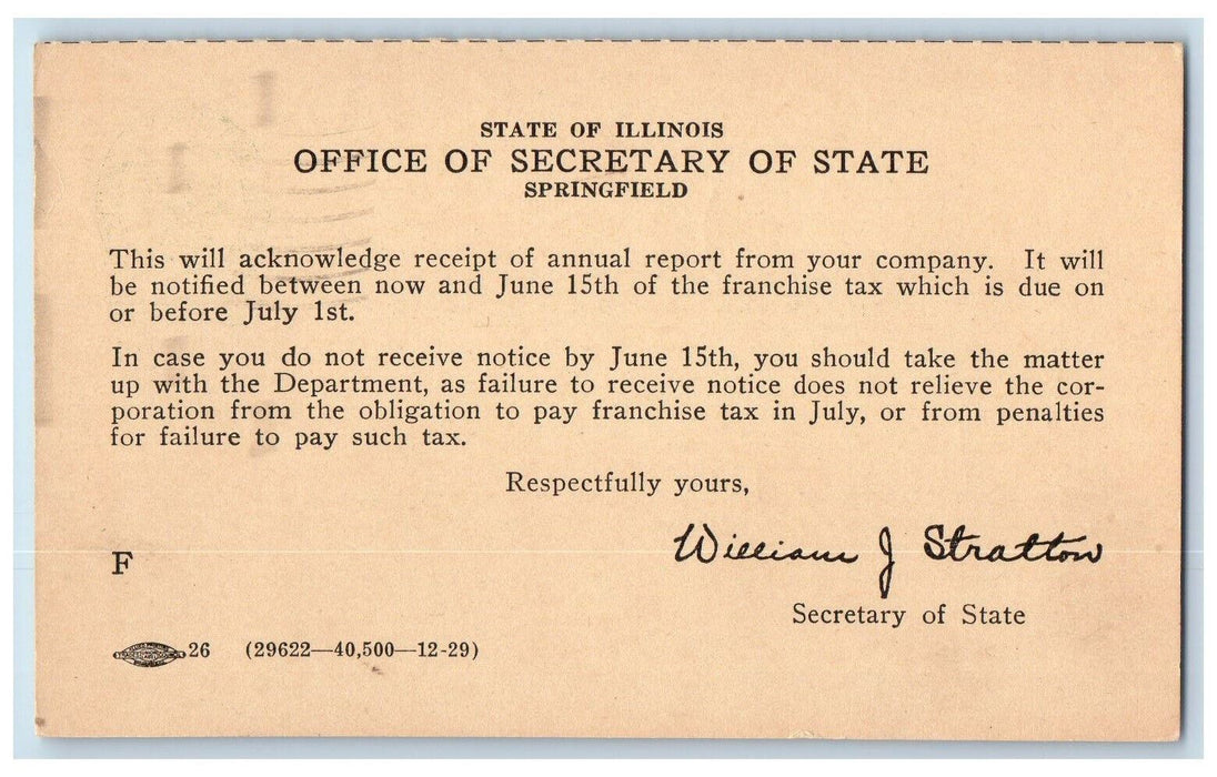 1930 State of Illinois Office of Secretary of State Springfield IL Postal Card