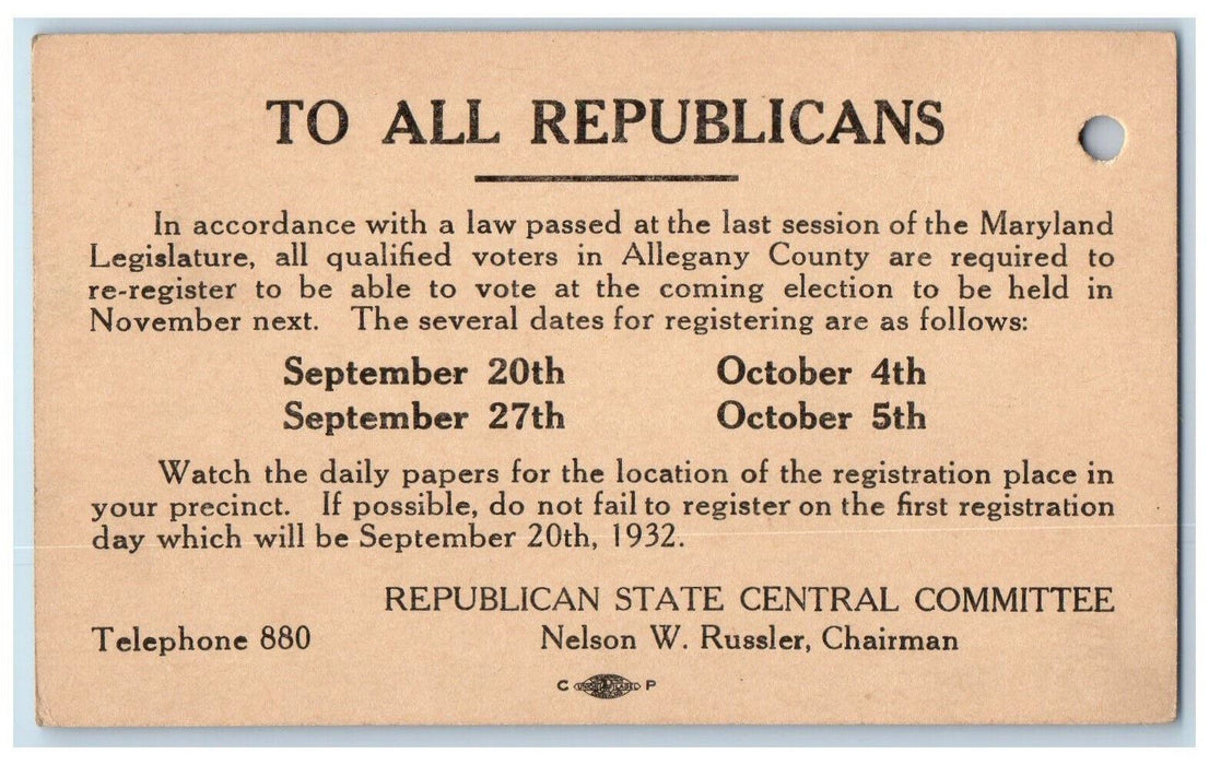 1932 Republican State Central Committee Cumberland Maryland MD Postal Card
