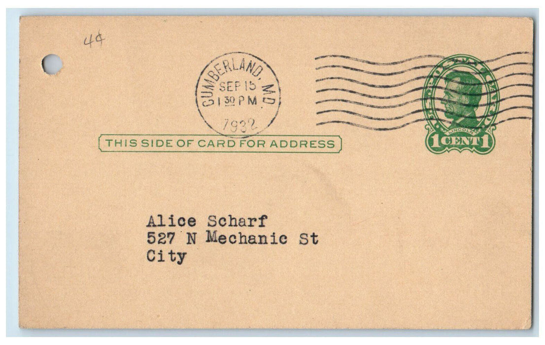 1932 Republican State Central Committee Cumberland Maryland MD Postal Card