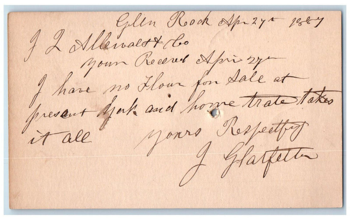 1887 J Allewalt & Co Flour Order Glen Rock Pennsylvania PA Postal Card