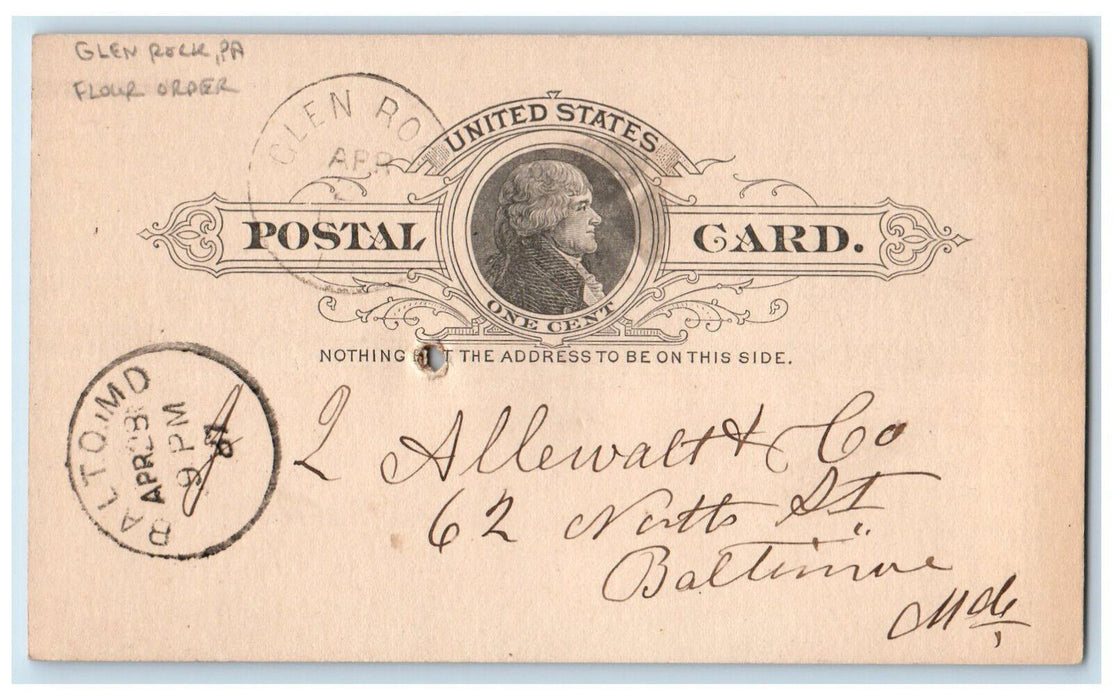 1887 J Allewalt & Co Flour Order Glen Rock Pennsylvania PA Postal Card