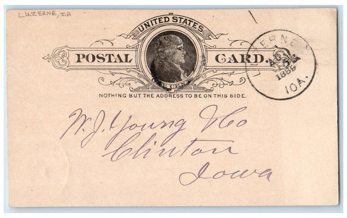1889 Postage Stamps Luzern Iowa IA Clinton Iowa IA Antique Postal Card