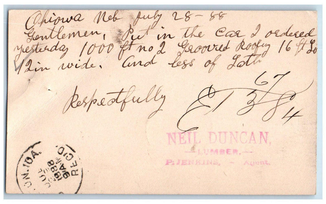 1888 Neil Duncan Lumber Co. Ohiowa Nebraska NE Clinton IA Postal Card