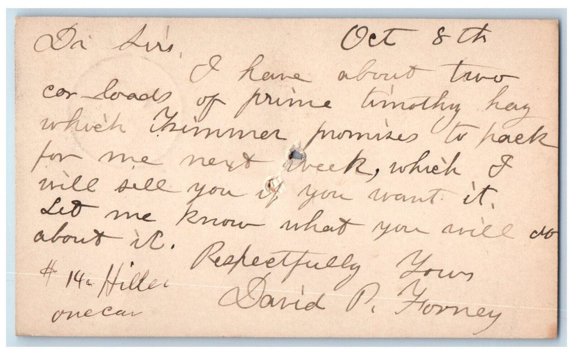 1887 David P. Forney Hay Order Hanover Pennsylvania PA Antique Postal Card