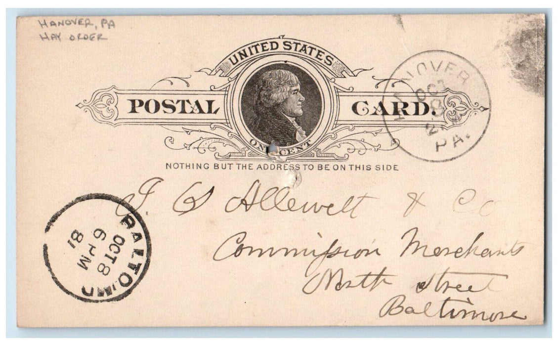 1887 David P. Forney Hay Order Hanover Pennsylvania PA Antique Postal Card