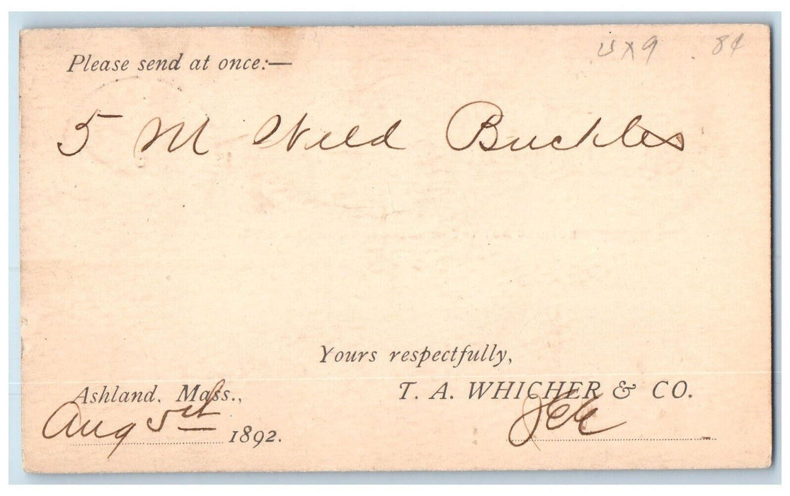 1892 5M Buckles T.A. Whicher & Co. Ashland MA Boston MA Postal Card