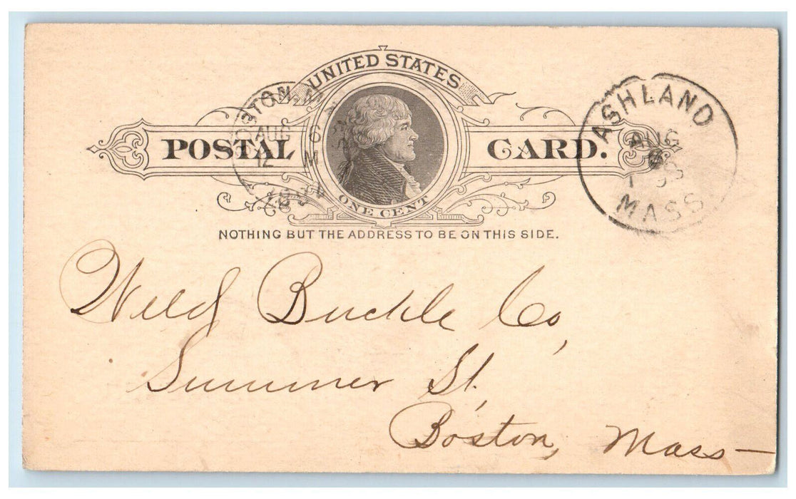 1892 5M Buckles T.A. Whicher & Co. Ashland MA Boston MA Postal Card
