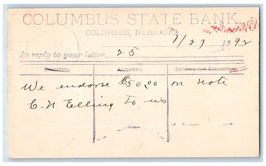 1892 Columbus State Bank Columbus Nebraska NE Omaha NE Posted Postal Card
