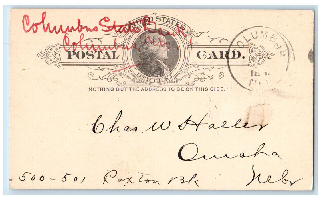 1892 Columbus State Bank Columbus Nebraska NE Omaha NE Posted Postal Card