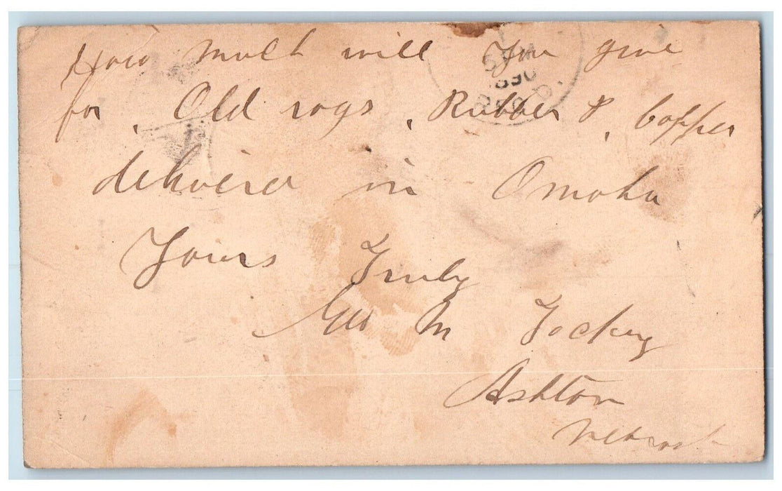 1890 Wholesale Rags Rubber Copper Ashton Nebraska NE Saint Paul NE Postal Card
