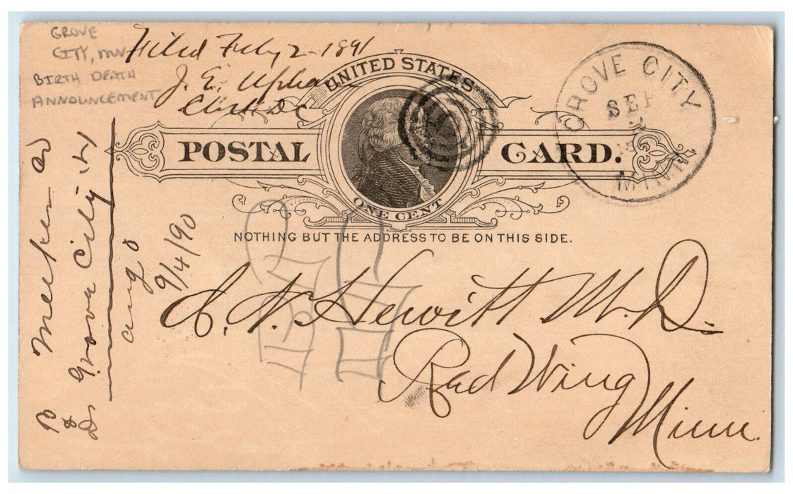 1891 Birth Death Announcement Grove City Red Wing Minnesota MN Postal Card