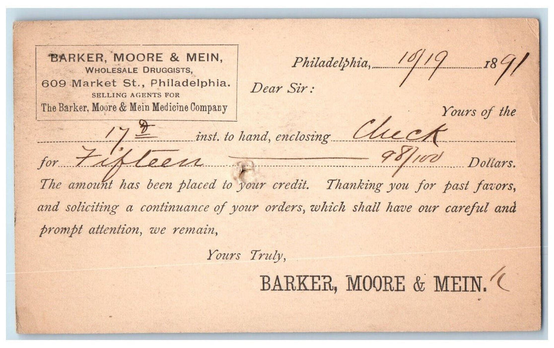1891 Barker Moore & Mein Wholesale Druggists Philadelphia PA Postal Card