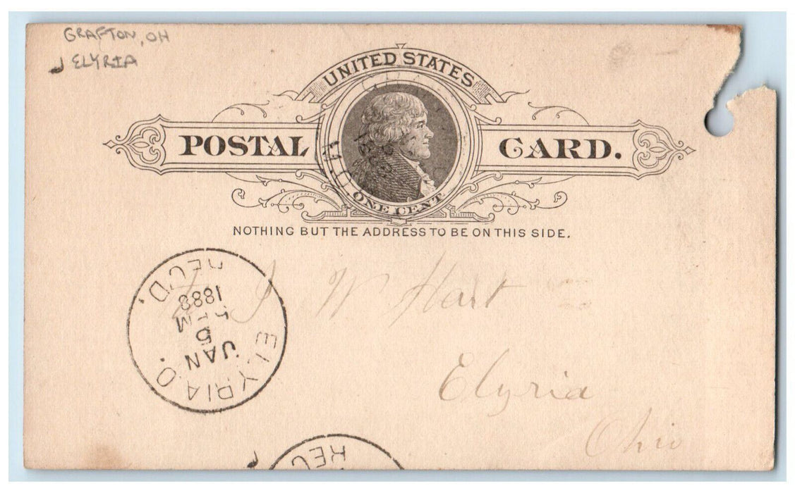 1888 Walls White Coat Message Grafton Ohio OH Elyria OH Postal Card