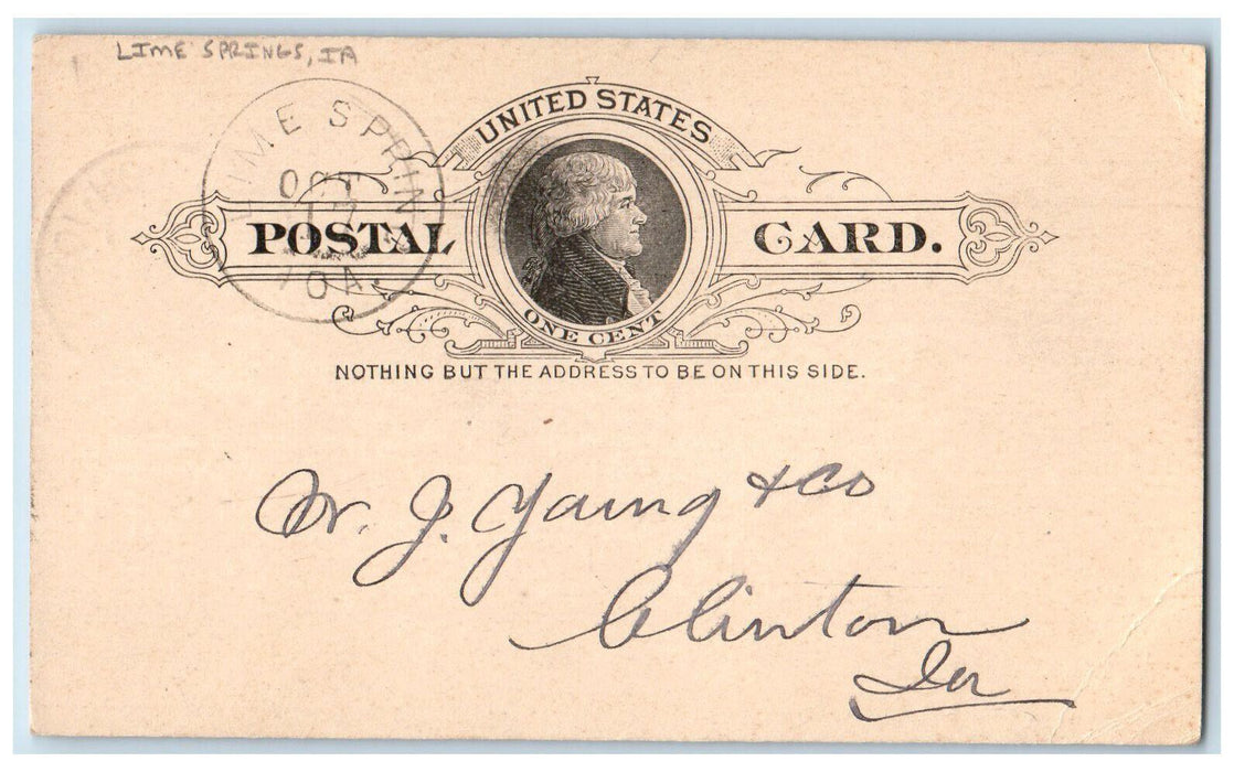 1891 WJ Young and Co. Deliver Lime Springs Iowa IA Clinton IA Postal Card