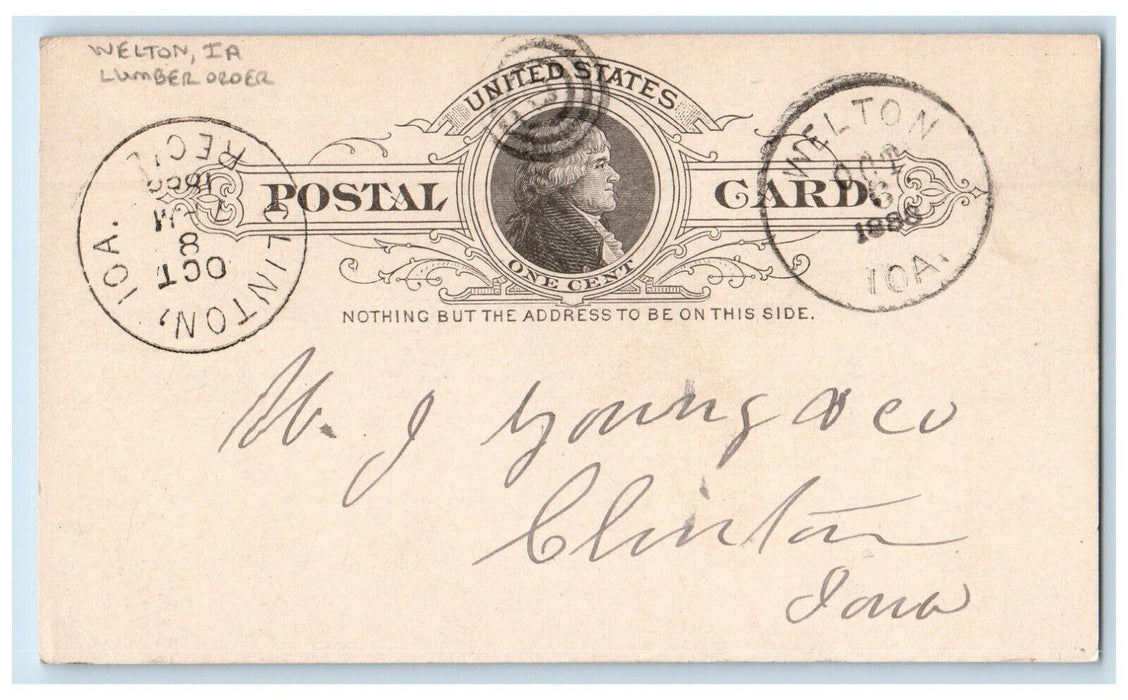 1888 WJ Young & Co. Lumber Order Welton Iowa IA Clinton IA Postal Card