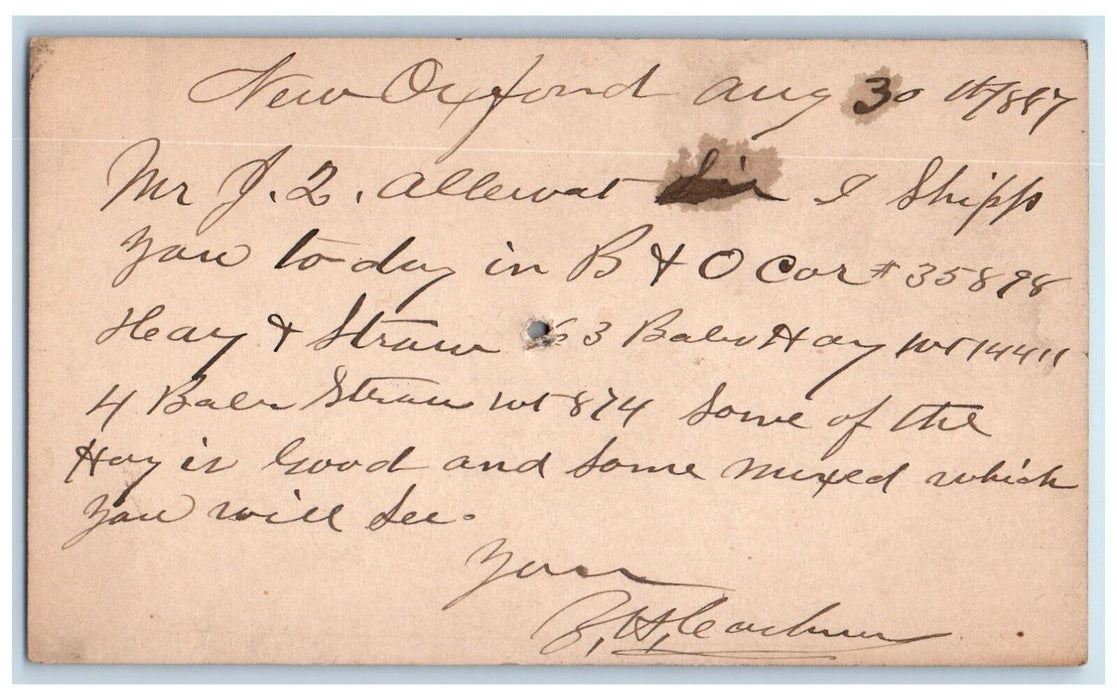 1887 B&O Railroad Hay Straw New Oxford Pennsylvania PA Baltimore MD Postal Card