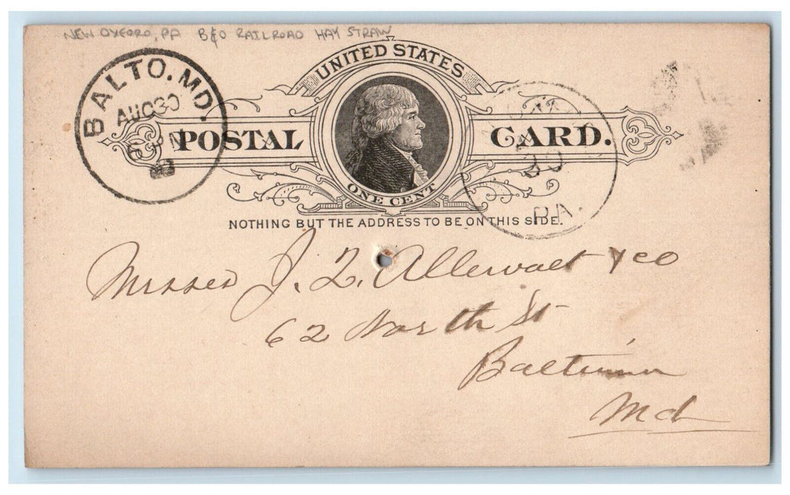 1887 B&O Railroad Hay Straw New Oxford Pennsylvania PA Baltimore MD Postal Card