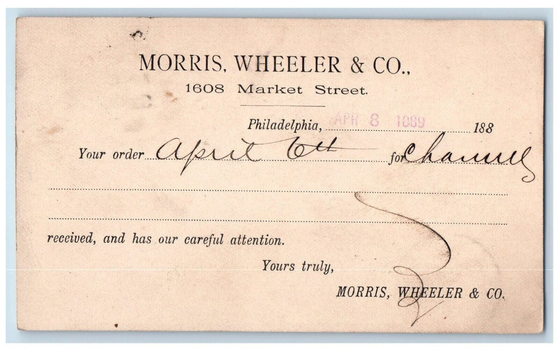 1889 Morris Wheeler & Co. Philadelphia Pennsylvania PA Antique Postal Card