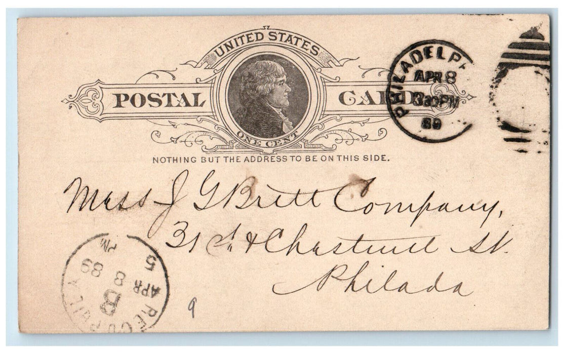 1889 Morris Wheeler & Co. Philadelphia Pennsylvania PA Antique Postal Card