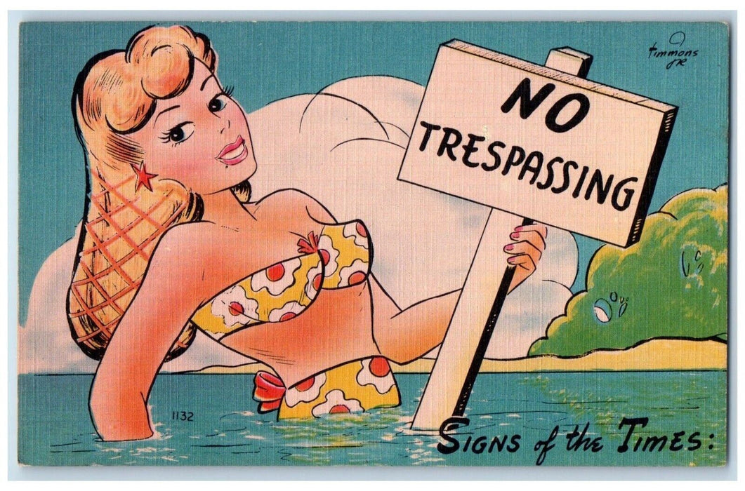 c1930's Woman Beach Bathing No Trespassing Sign Of The Times Vintage Postcard