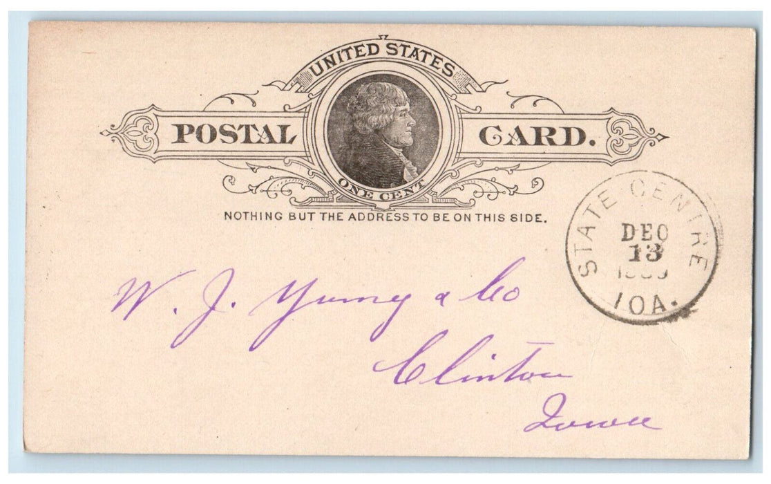 1889 Gentlemenly Letter State Center Iowa IA Clinton Iowa IA Postal Card