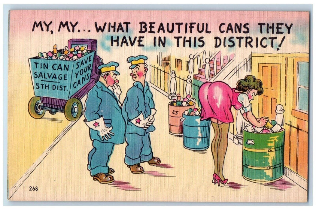 c1930's Garbage Man Woman Big Butt Throwing Garbage Unposted Vintage Postcard