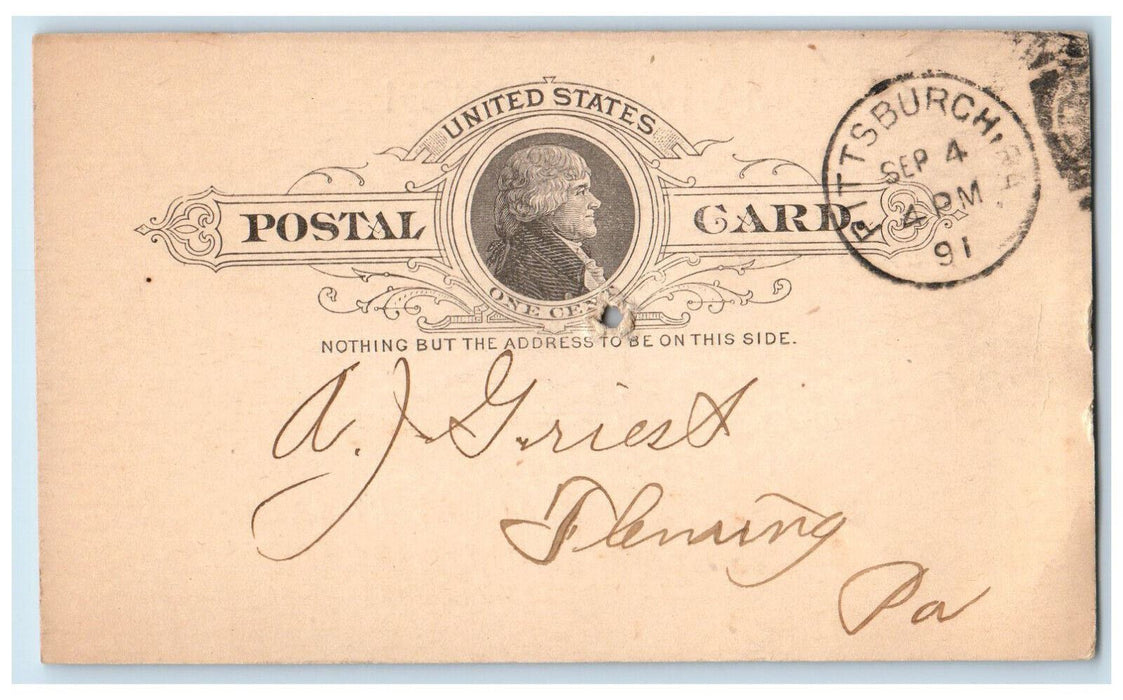 1891 Office Marvin Branch Pittsburgh Pennsylvania PA Antique Postal Card