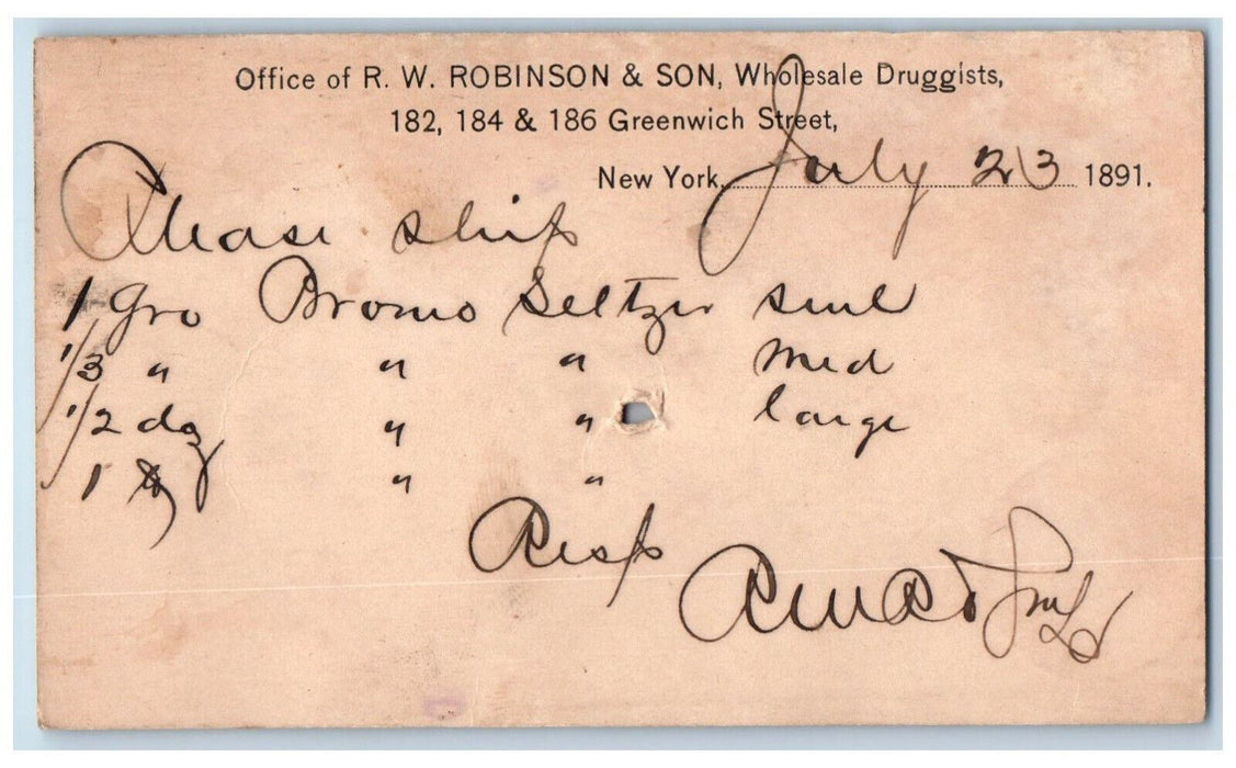 1891 R.W. Robinson & Son Wholesale Druggists NY Baltimore MD Postal Card