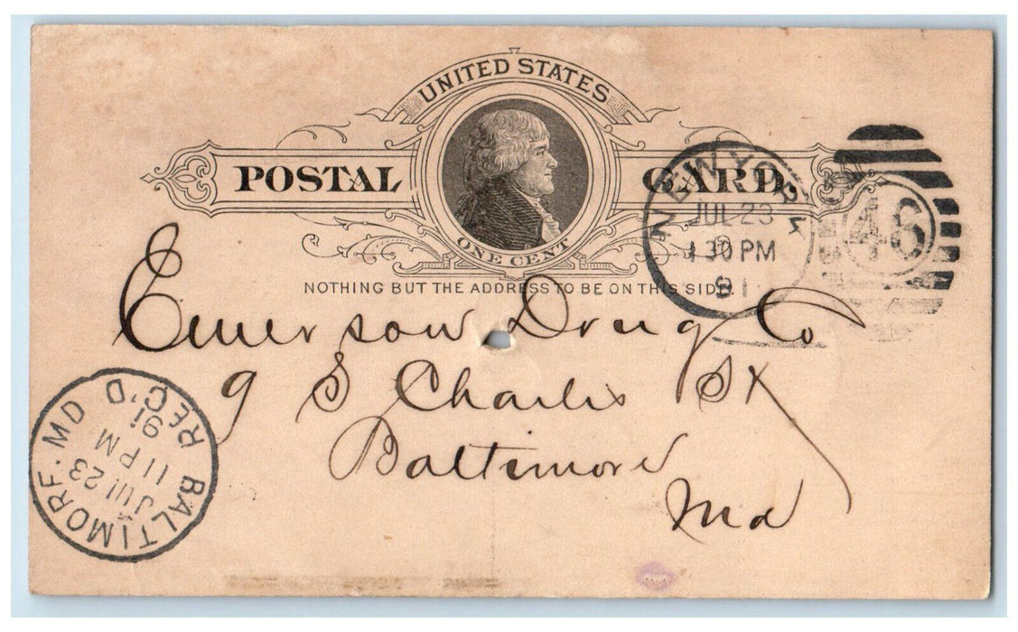 1891 R.W. Robinson & Son Wholesale Druggists NY Baltimore MD Postal Card